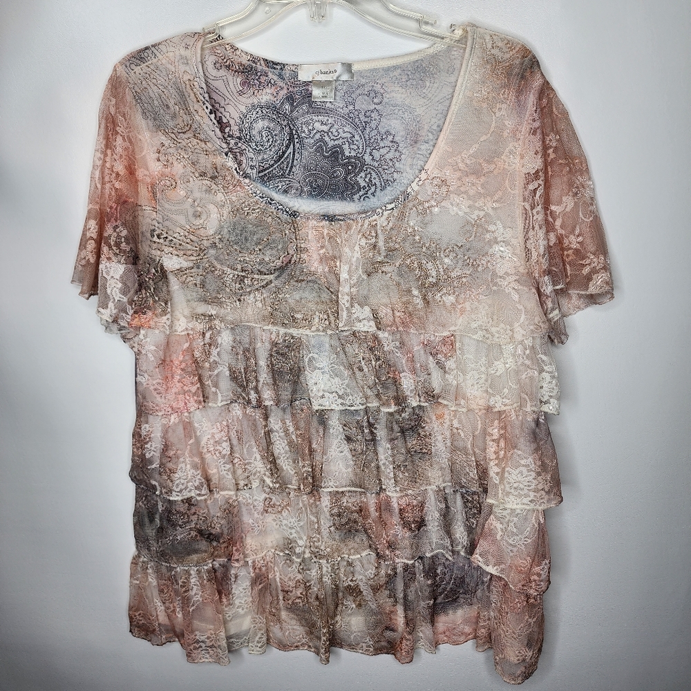 CJ Banks Lace Top Layered Paisley Print Pale Pink and Gray Plus Size 1X